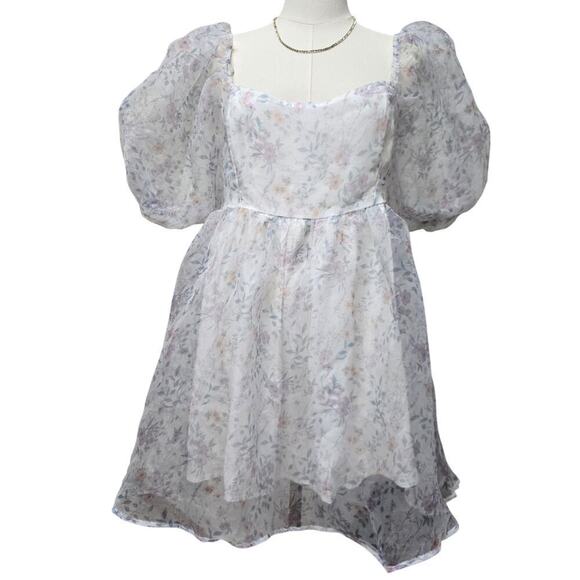 NWT Jun & Ivy Women Babydoll Puff Sleeve Floral Mini Dress M Sheer Cottage Fairy - Picture 1 of 9